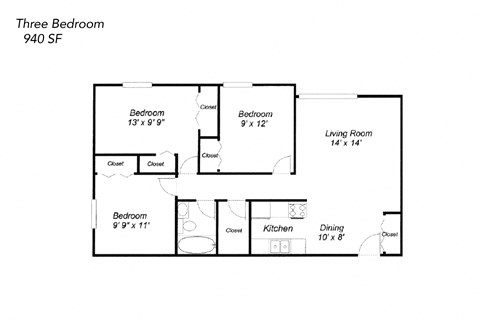 Floor plan for 3 beds, 1 bath, 1100 sqft